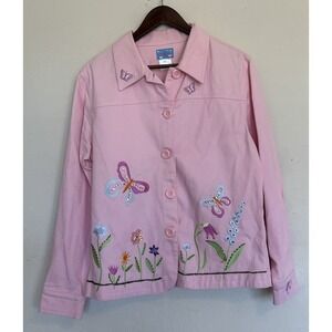 Vintage Y2K Crea8tions Pink Denim Jacket M Butterfly Floral Fairy Kidcore Kawaii